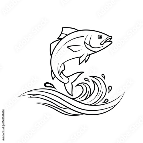 Line art fish illustration jumping over ocean waves with dynamic water splash drawing design
