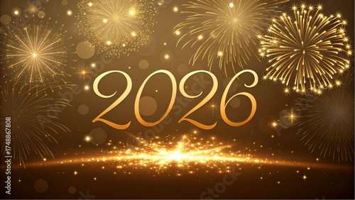  Golden Celebration Spark 2026 – Luxurious New Year Abstract Background with Fireworks and Golden Glow
