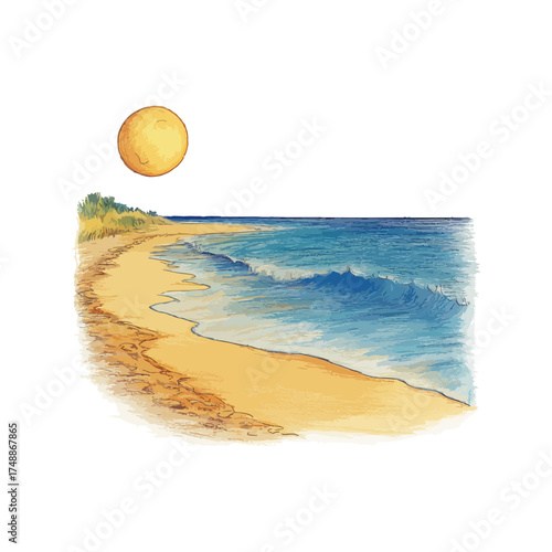 moonlight beach view hand drawn illustration