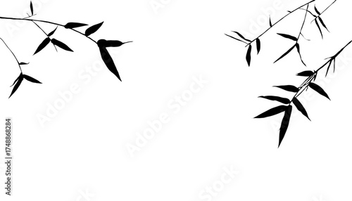 Minimalist illustration of bamboo tree branches with leaves, black silhouettes against plain white background. Traditional Japanese or Chinese ink wash painting (Sumi-e), calm nature and Zen concept.