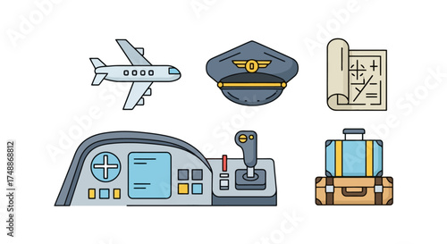 Aviation and Travel Icon Set Featuring Airplane, Pilot Hat, Flight Plan, Cockpit Control Panel, and Suitcases for Airline and Airport Design