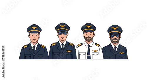 Diverse group of pilots in uniform, showcasing aviation professionals for training materials, airline recruitment, or aviation-themed educational content.