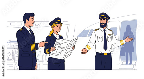 Aviation Professionals Teamwork Illustration for Airline Safety Training and Operational Efficiency Enhancement in the Aviation Industry