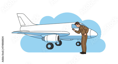 Aircraft Inspector Examining Airplane Wing for Maintenance. Ideal for aviation safety, aerospace engineering, airline operations, and aircraft maintenance training materials.