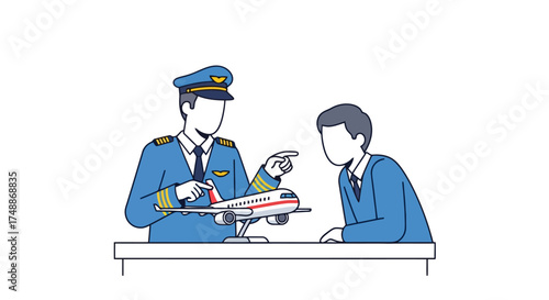 Detailed illustration of a pilot explaining flight procedures using a model airplane, ideal for aviation education, training materials, and travel-related content.