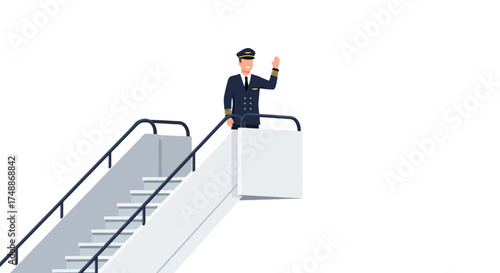 Airplane Pilot Illustration Waving from Staircase, Ideal for Aviation Education, Tourism Marketing, and Airline Service Promotions with White Background.
