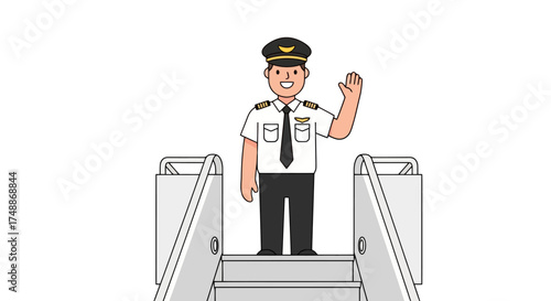 Cheerful airline pilot waving goodbye from aircraft stairs, ideal for aviation safety guidelines, travel advertisements, or educational content about flight crew roles.