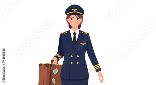 Professional female pilot illustration with suitcase, ready for flight. Promoting aviation careers, travel industry or airline advertising.