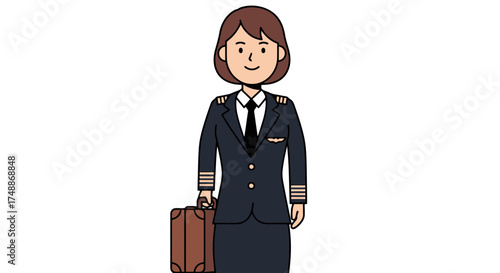Illustrated woman pilot in uniform with luggage, ready for flight, promoting aviation careers and inspiring travel adventures