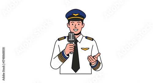 Animated Airplane Pilot Giving a Speech Using a Microphone, Ideal for Aviation Training Materials and Travel Industry Marketing.