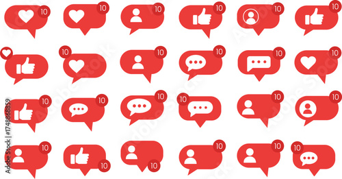 Red Social Media Notification Icons Heart Like Comment Follower Popular Engagement Symbols 10 New Alerts Social Media