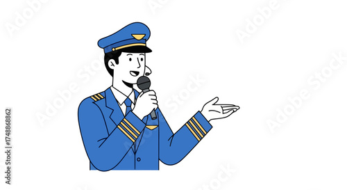 Animated Pilot Illustration in Blue Uniform Addressing Audience with Microphone for Aviation Industry and Training Materials