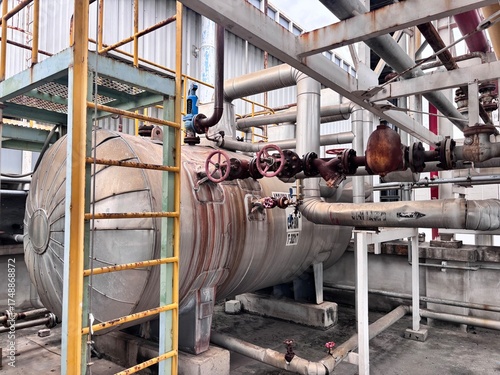 A large industrial pressure vessel or boiler tank with interconnected pipes and red handwheel valves in a chemical or petrochemical plant. Heavy industry equipment detail.