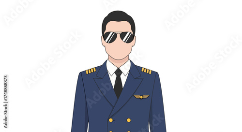 Illustration of a faceless airline pilot in uniform with sunglasses on a white background, suitable for aviation themed design projects and educational content.