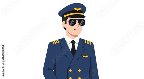 Confident Airline Pilot Illustration with Sunglasses and Uniform. Ideal for aviation themed educational materials, career guidance, or travel industry promotions.