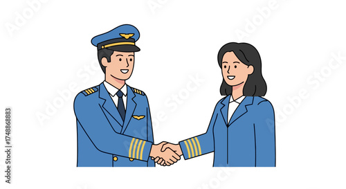 Pilot and Flight Attendant Handshake Illustration for Aviation Industry, Teamwork, and Career Success. Ideal for Airline Promotions, Training Materials, and Corporate Communications