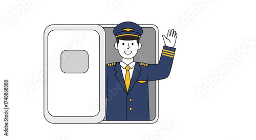 Friendly Airline Pilot Waving Goodbye from Aircraft Doorway, Ideal for illustrating air travel, aviation industry, welcoming passengers, or promoting travel agencies