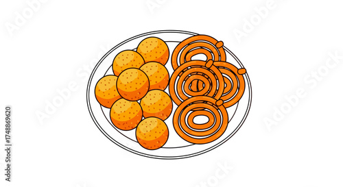 Traditional Indian Sweets Laddu and Jalebi Illustration on a Plate for Culinary Arts, Festive Celebrations, and Cultural Food Promotions
