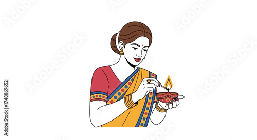 Illustrated woman in traditional attire lighting a diya, symbolizing cultural celebrations and spiritual traditions, for use in festive event promotions and cultural education materials.