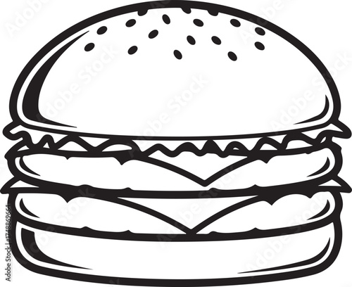 Black and White Double Cheeseburger Icon with Sesame Seed Bun hamburger fast food