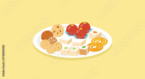 Delicious Indian Sweets Illustration on a White Plate, Perfect for Food Blogs, Diwali Greetings, and Festive Culinary Content