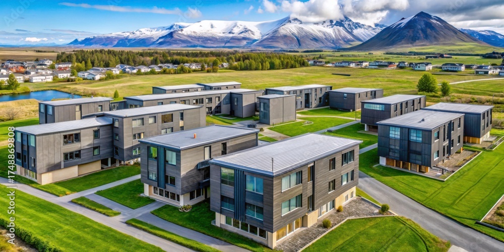 Fototapeta premium Modern Architectural Design of Apartment Complex with Mountain View