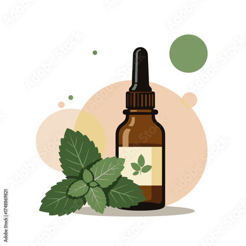 Mint leaves and essential oil bottle for aromatherapy and natural wellness care