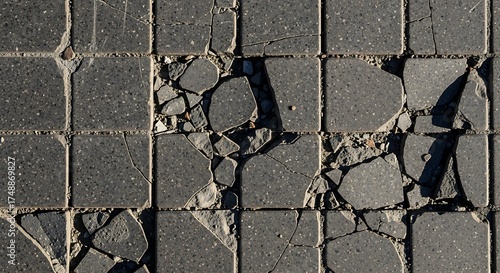 Damaged Pavement - A Close-Up of Cracked and Broken Tiles.