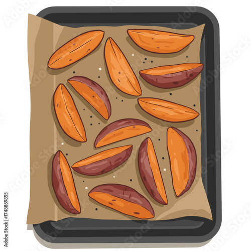 Roasted sweet potato wedges on baking tray, healthy homemade food for nutrition and plant-based meal ideas