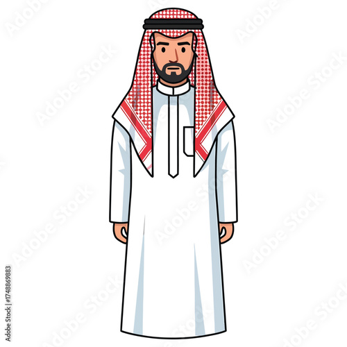 Confident Saudi Arabian man wearing traditional clothing welcomes you with open arms