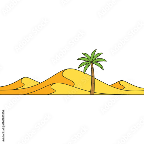 Vibrant oasis amidst golden desert dunes with lone palm tree offering cool shade