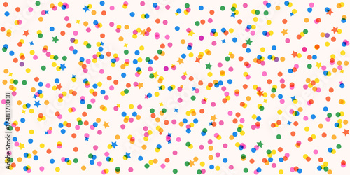Dots and stars confetti pattern with texture and transparent effect. Colorful random rounds and star elements seamless pattern.