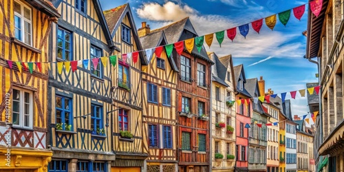 Fototapeta Naklejka Na Ścianę i Meble -  Colorful Medieval Houses in Charming Streets with Decorative Banners