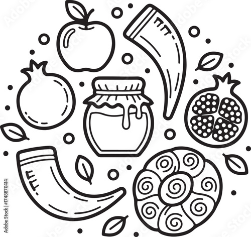 Rosh Hashanah symbols apple pomegranate honey jar shofar and challah jewish new year holiday