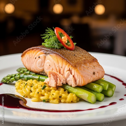 Gourmet Salmon Dish with Asparagus and Risotto Presentation.