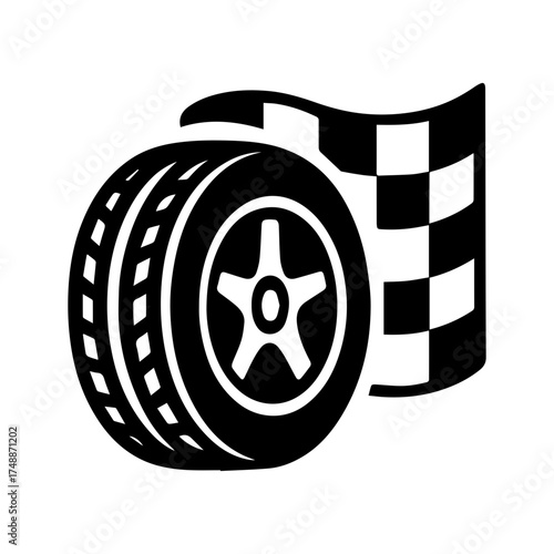 Tire with checkered flag background icon with transparent background for racing and automotive theme
