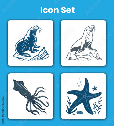 Icon set featuring a seal, a squid, and a starfish, all in a vintage engraved style isolated on white background