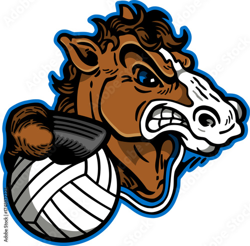 vintage mustang mascot holding volleyball for school, college or league sports