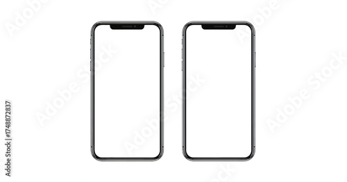Two modern smartphones with blank white screens and a notch design, isolated on a white background for mockup purposes.