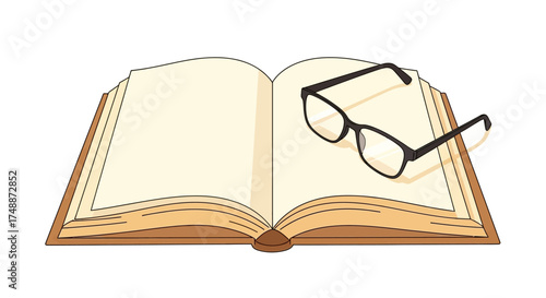 A pair of black-rimmed reading glasses resting on the blank pages of an open book, isolated on a white background.