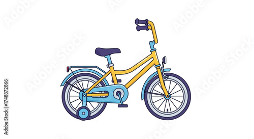 A colorful yellow and blue children's bicycle with training wheels isolated on a white background.