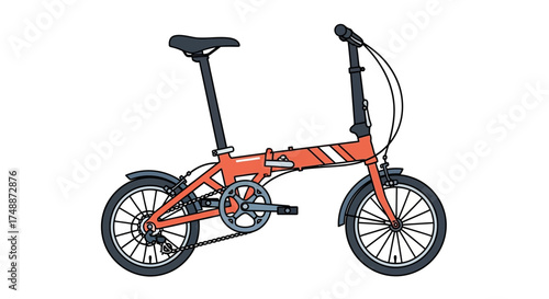 An orange folding bicycle with small wheels and a compact design, ready for urban commuting or easy storage.