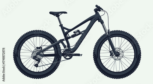 A detailed studio shot of a dark blue mountain bike, showcasing its suspension and components.