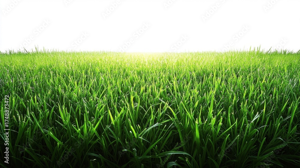 Obraz premium Close-up view of vibrant green grass under a bright, hazy sky, suggesting growth and nature