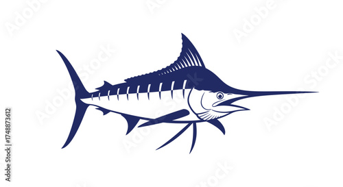 A stylized blue and white graphic illustration of a marlin fish isolated on a white background.