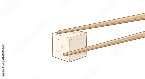 A pair of wooden chopsticks holding a single cube of fresh white tofu against a plain background.
