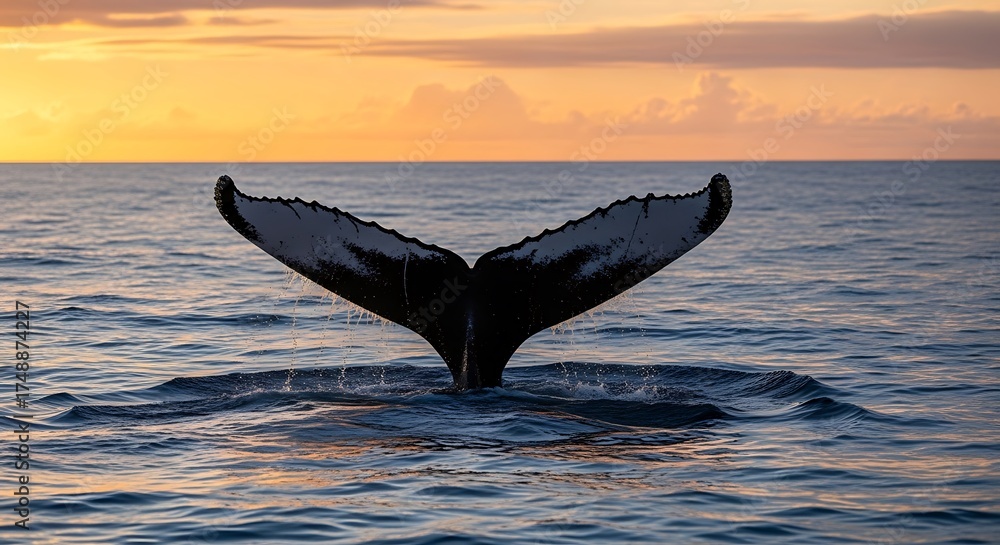 Fototapeta premium Humpback Whale Tail at Sunset - A Majestic Ocean Moment.
