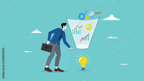 Data scientist, analyze data to produce recommendation and company decision support, analyze data for business insight, businessman analyzing lightbulb idea using magnifying glass for business insight