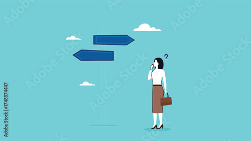 choose a new career path, confused businesswoman about choosing his career direction, make life decision choice, decide the right or wrong direction

