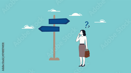 choose a new career path, confused businesswoman about choosing his career direction, make life decision choice, decide the right or wrong direction

